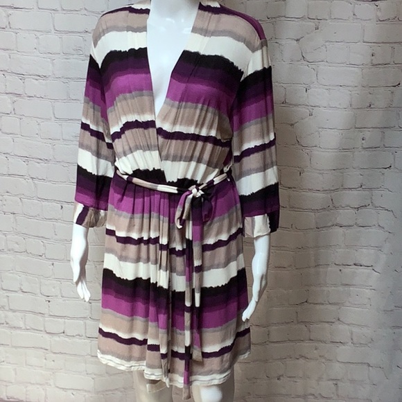 Josie By Natori Purple Tan White Striped Short Wrap Stretch Robe Sz M - Picture 1 of 12